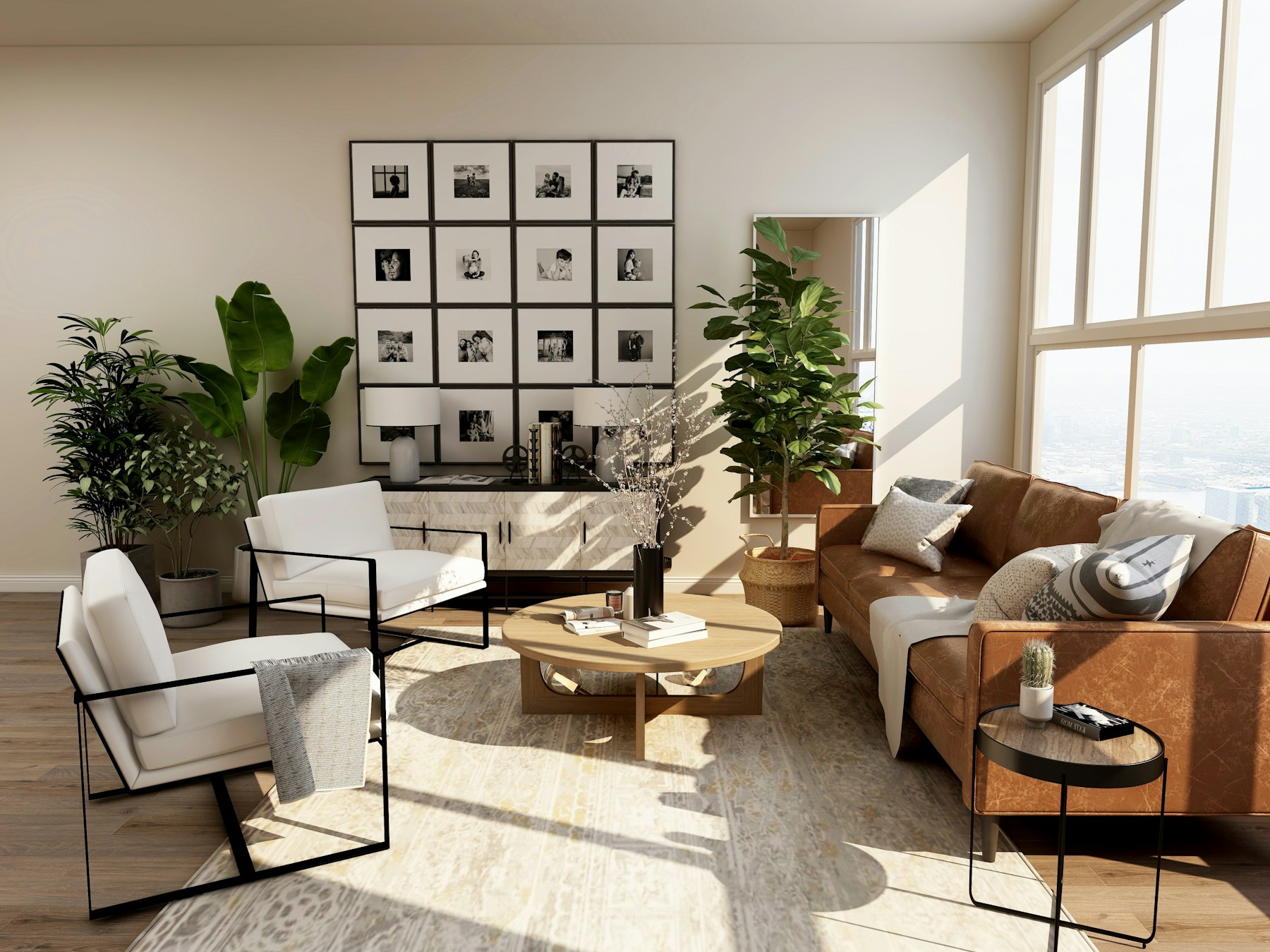 Sunlit modern living room with neutral furnishings