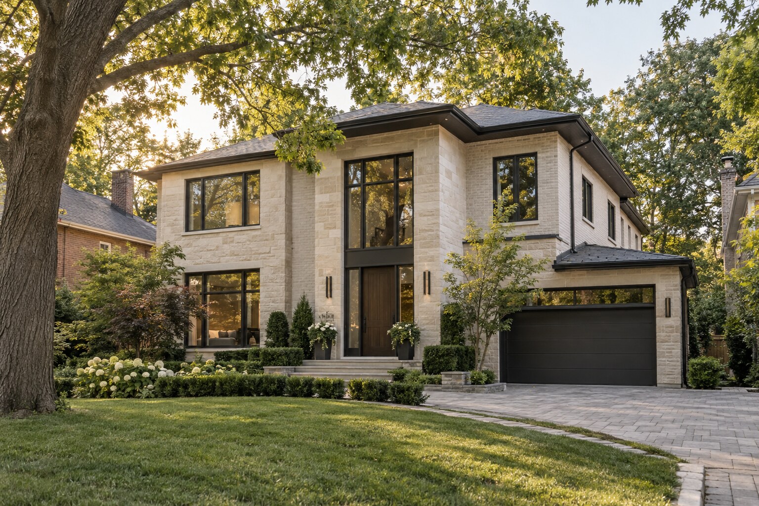 Contemporary Ontario home framed by mature deciduous trees