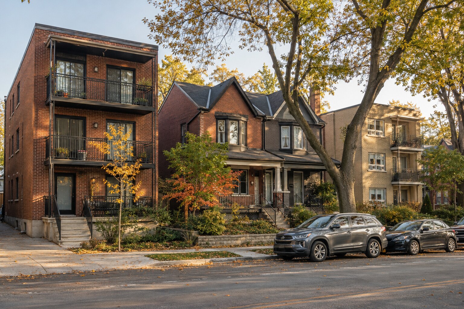 Toronto street with a brick multiplex, houses and a low-rise apartment building